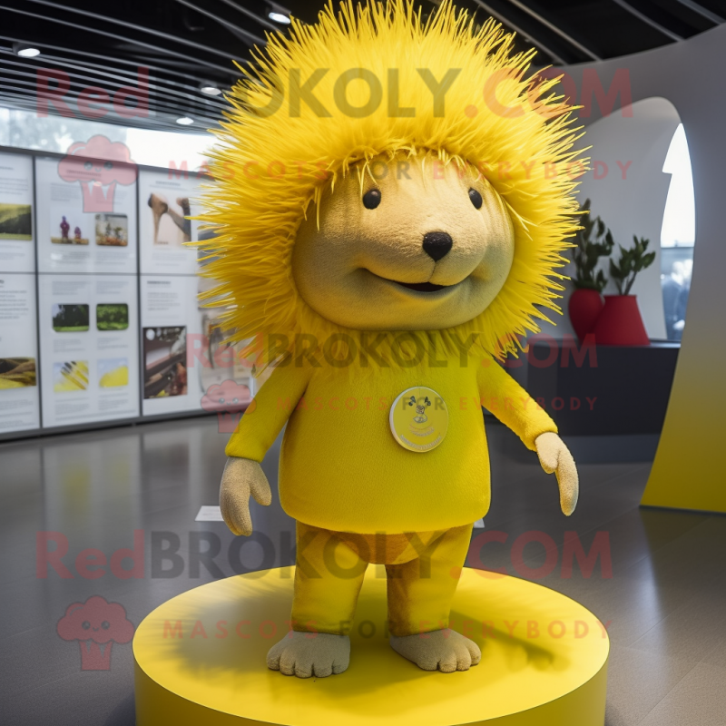 Yellow Porcupine mascot costume character dressed with a Mini Dress and Hats