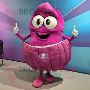 Magenta Oyster mascot costume character dressed with a One-Piece Swimsuit and Handbags