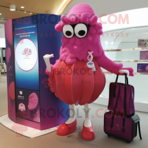 Magenta Oyster mascot costume character dressed with a One-Piece Swimsuit and Handbags