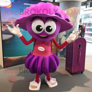 Magenta Oyster mascot costume character dressed with a One-Piece Swimsuit and Handbags