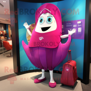 Magenta Oyster mascot costume character dressed with a One-Piece Swimsuit and Handbags