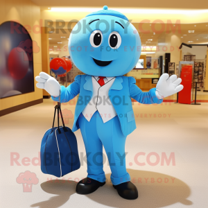 Sky Blue Juggle mascot costume character dressed with a Suit Pants and Handbags