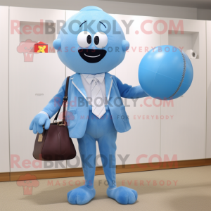 Sky Blue Juggle mascot costume character dressed with a Suit Pants and Handbags