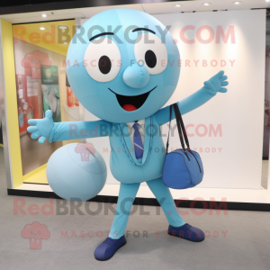 Sky Blue Juggle mascot costume character dressed with a Suit Pants and Handbags