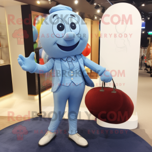 Sky Blue Juggle mascot costume character dressed with a Suit Pants and Handbags