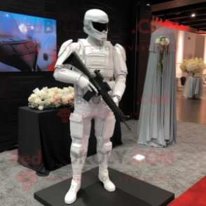 Gray Gi Joe mascot costume character dressed with a Wedding Dress and Handbags