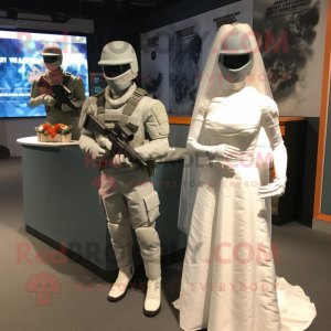 Gray Gi Joe mascot costume character dressed with a Wedding Dress and Handbags