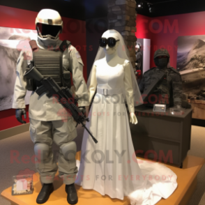 Gray Gi Joe mascot costume character dressed with a Wedding Dress and Handbags