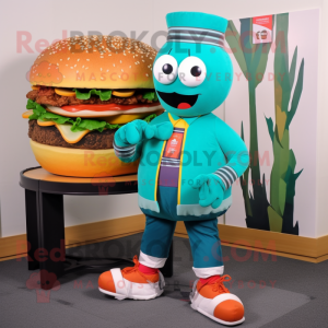 Teal Burgers mascot costume character dressed with a Jacket and Shoe laces