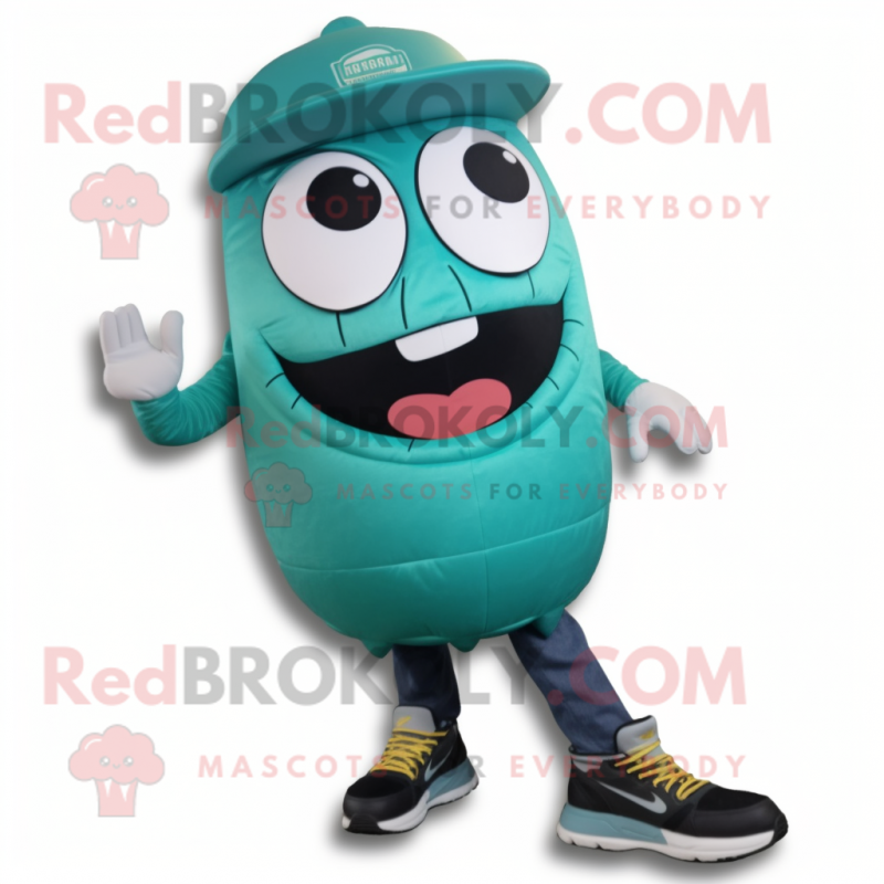 Teal Burgers mascot costume character dressed with a Jacket and Shoe laces Teal Burgers mascot costume character dressed with a Jacket and Shoe laces
