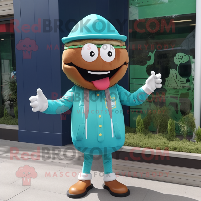 Teal Burgers mascot costume character dressed with a Jacket and Shoe laces