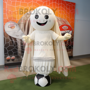 Cream Soccer Goal mascot costume character dressed with a Empire Waist Dress and Scarves