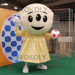Cream Soccer Goal mascot costume character dressed with a Empire Waist Dress and Scarves