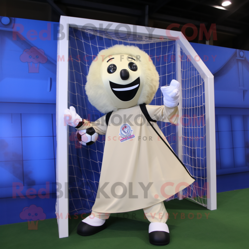 Cream Soccer Goal mascot costume character dressed with a Empire Waist Dress and Scarves