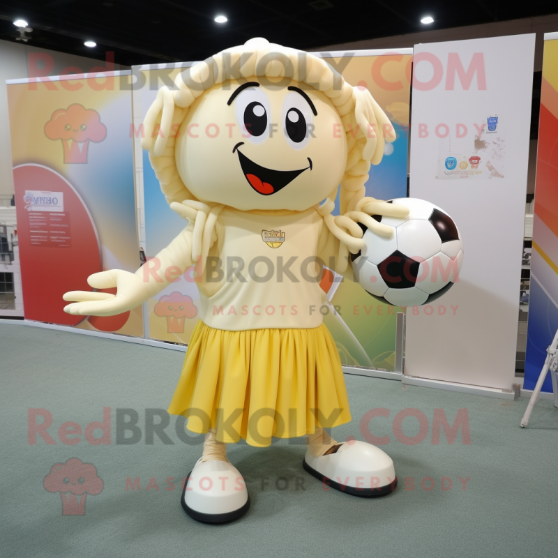 Cream Soccer Goal mascot costume character dressed with a Empire Waist Dress and Scarves