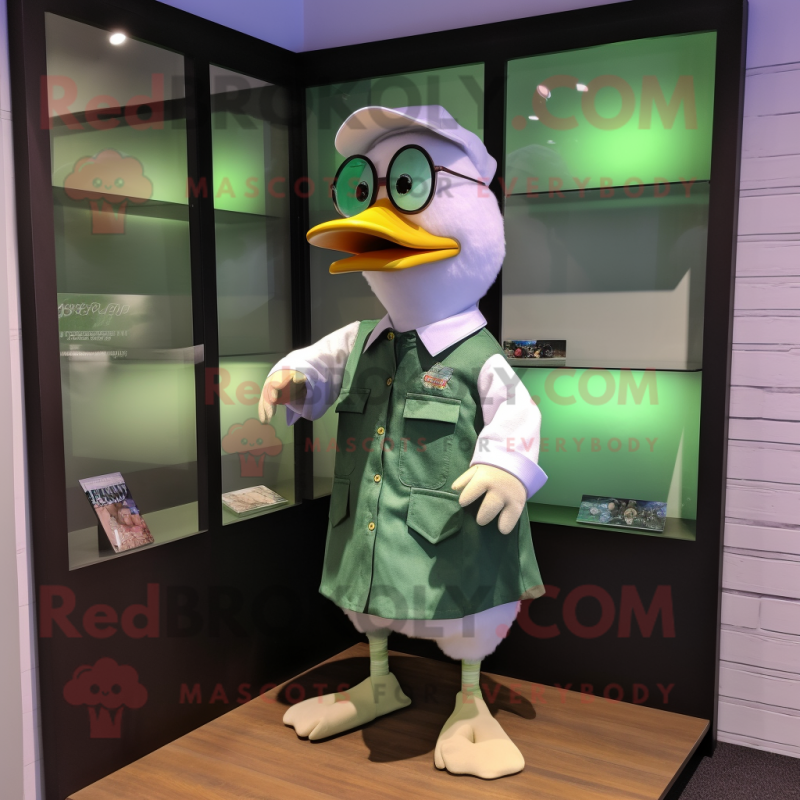 Green Muscovy Duck mascot costume character dressed with a Dress Shirt and Eyeglasses