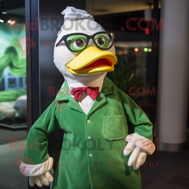 Green Muscovy Duck mascot costume character dressed with a Dress Shirt and Eyeglasses