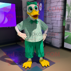 Green Muscovy Duck mascot costume character dressed with a Dress Shirt and Eyeglasses