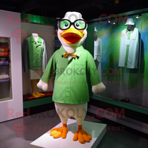 Green Muscovy Duck mascot costume character dressed with a Dress Shirt and Eyeglasses