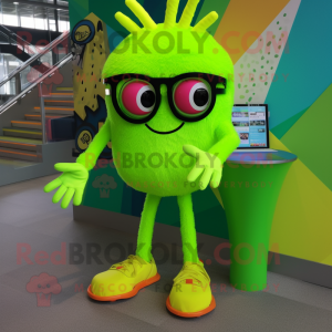 Lime Green Spider mascot costume character dressed with a Mini Skirt and Sunglasses
