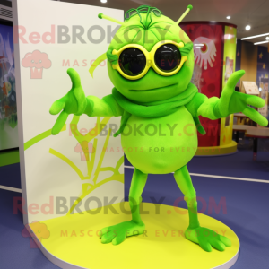 Lime Green Spider mascot costume character dressed with a Mini Skirt and Sunglasses