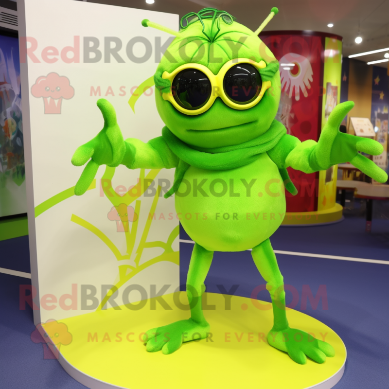 Lime Green Spider mascot costume character dressed with a Mini Skirt and Sunglasses