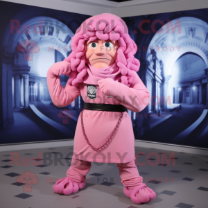 Pink Medusa mascot costume character dressed with a Hoodie and Belts