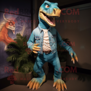 Teal Utahraptor mascot costume character dressed with a Denim Shirt and Anklets