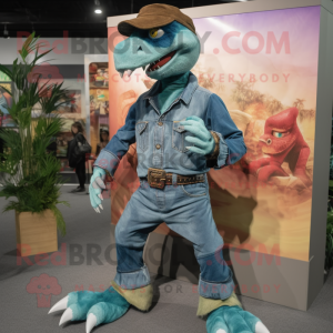 Teal Utahraptor mascot costume character dressed with a Denim Shirt and Anklets