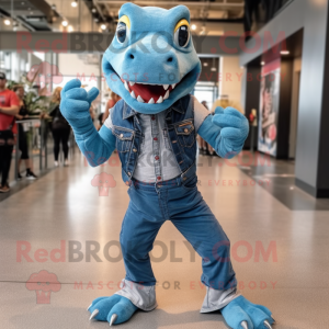 Teal Utahraptor mascot costume character dressed with a Denim Shirt and Anklets