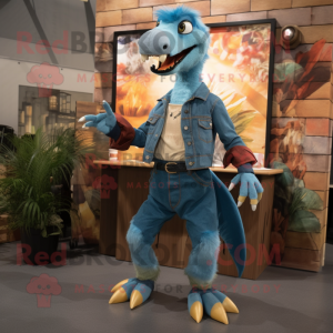 Teal Utahraptor mascot costume character dressed with a Denim Shirt and Anklets