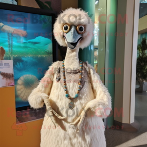 Cream Emu mascot costume character dressed with a Maxi Dress and Necklaces