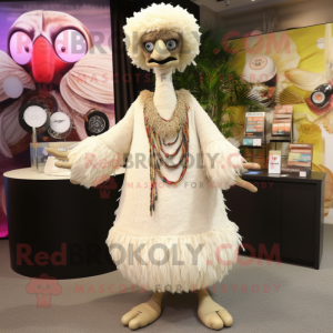 Cream Emu mascot costume character dressed with a Maxi Dress and Necklaces