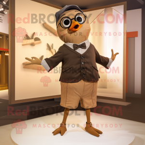 Tan Blackbird mascot costume character dressed with a Playsuit and Bow ties