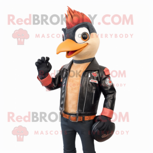 Peach Woodpecker mascot costume character dressed with a Biker Jacket and Coin purses