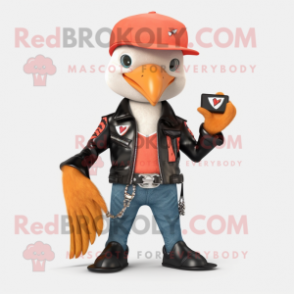 Peach Woodpecker mascot costume character dressed with a Biker Jacket and Coin purses