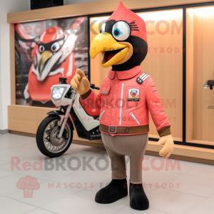 Peach Woodpecker mascot costume character dressed with a Biker Jacket and Coin purses