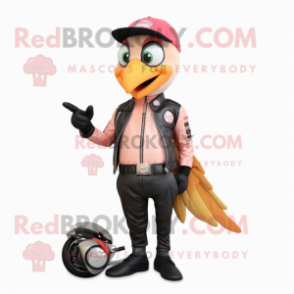 Peach Woodpecker mascot costume character dressed with a Biker Jacket and Coin purses