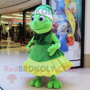 Lime Green Turtle mascot costume character dressed with a Dress and Berets