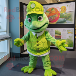 Lime Green Turtle mascot costume character dressed with a Dress and Berets