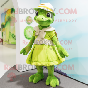 Lime Green Turtle mascot costume character dressed with a Dress and Berets