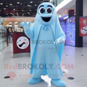 Sky Blue Ghost mascot costume character dressed with a Suit Pants and Rings