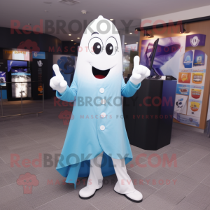 Sky Blue Ghost mascot costume character dressed with a Suit Pants and Rings