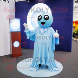 Sky Blue Ghost mascot costume character dressed with a Suit Pants and Rings