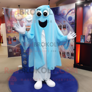 Sky Blue Ghost mascot costume character dressed with a Suit Pants and Rings