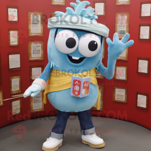 Sky Blue Ramen mascot costume character dressed with a Jeans and Reading glasses