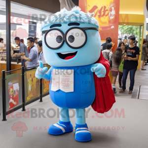 Sky Blue Ramen mascot costume character dressed with a Jeans and Reading glasses