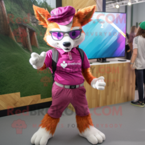 Magenta Fox mascot costume character dressed with a Chinos and Eyeglasses