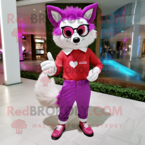 Magenta Fox mascot costume character dressed with a Chinos and Eyeglasses