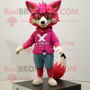 Magenta Fox mascot costume character dressed with a Chinos and Eyeglasses
